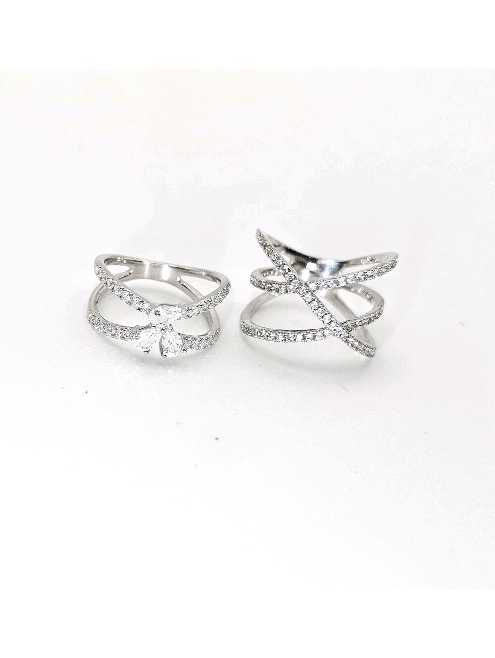 Lot of 2 CZ Pave Rings Size 7 Rhodium Plated Butterfly & Criss Cross X Ring NWOT